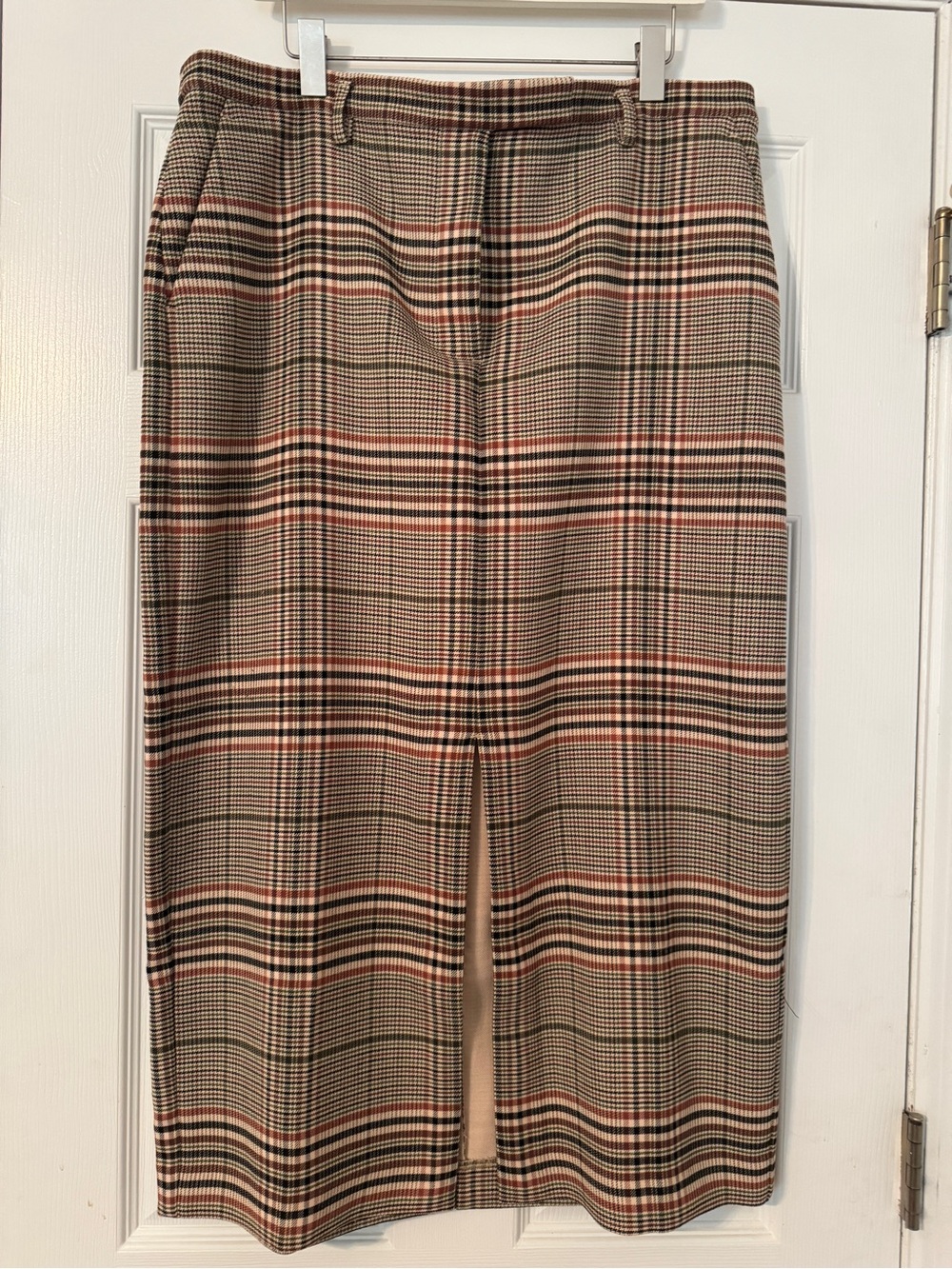 Plaid Midi Pencil Skirt in Beige and Brown